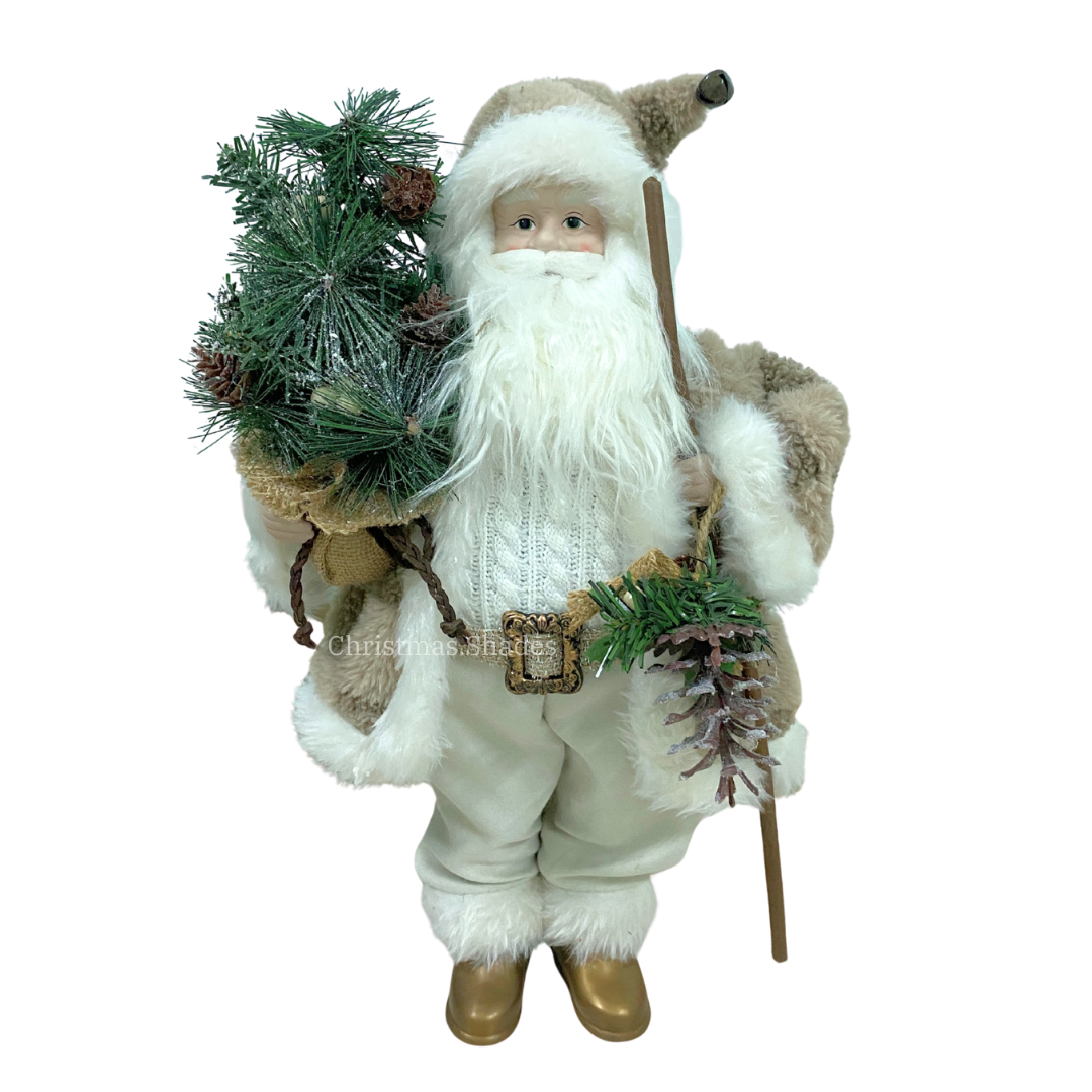 Santa Claus 45cm ชุดสีเบจอุ้มต้นคริสต์มาส