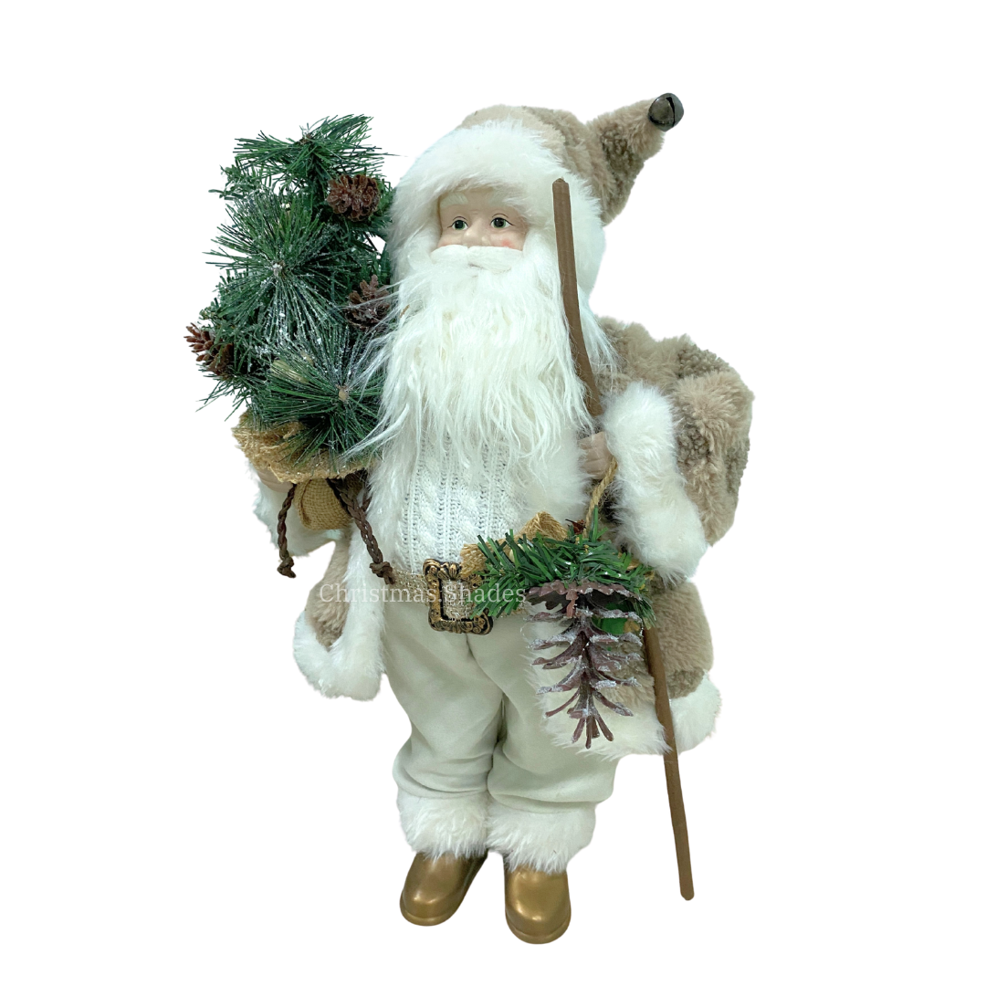 Santa Claus 45cm ชุดสีเบจอุ้มต้นคริสต์มาส