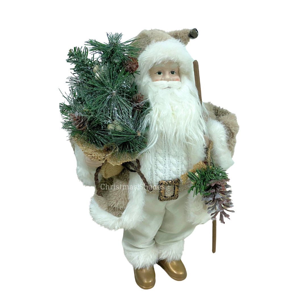 Santa Claus 45cm ชุดสีเบจอุ้มต้นคริสต์มาส