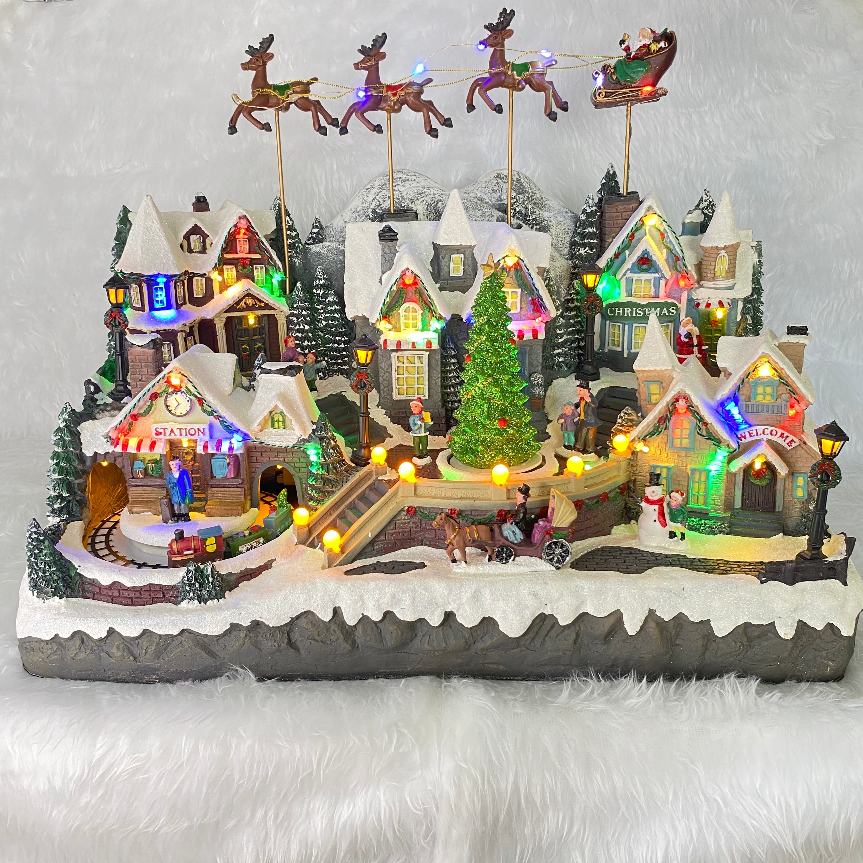 Music Box คริสต์มาส ซานต้าบินเหนือหมู่บ้านหิมะ ใหญ่ มีไฟ - เพลง