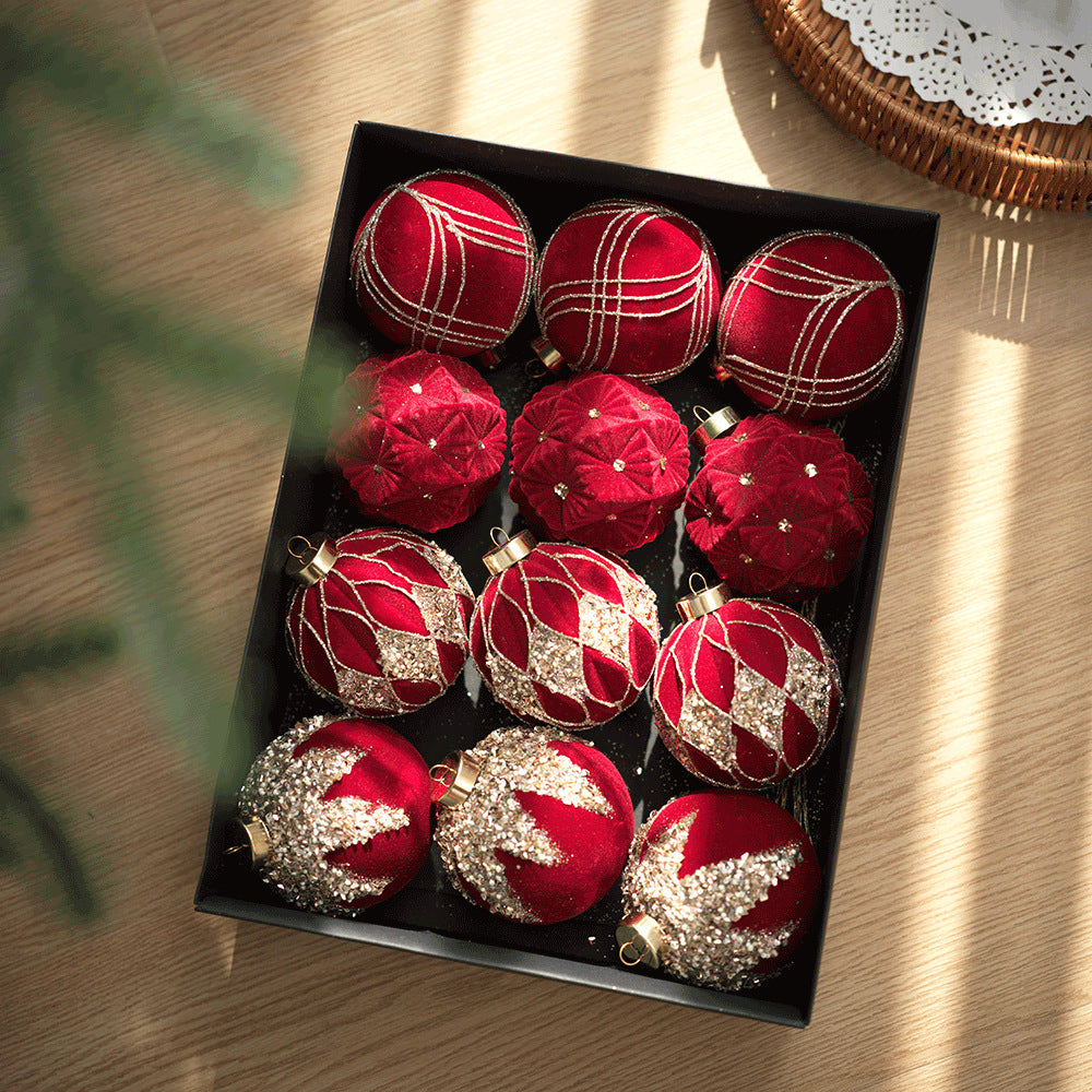 เซตลูกบอลกำมะหยี่ 8 cm ประดับเลื่อมและกลิตเตอร์ สีแดงRed Wine